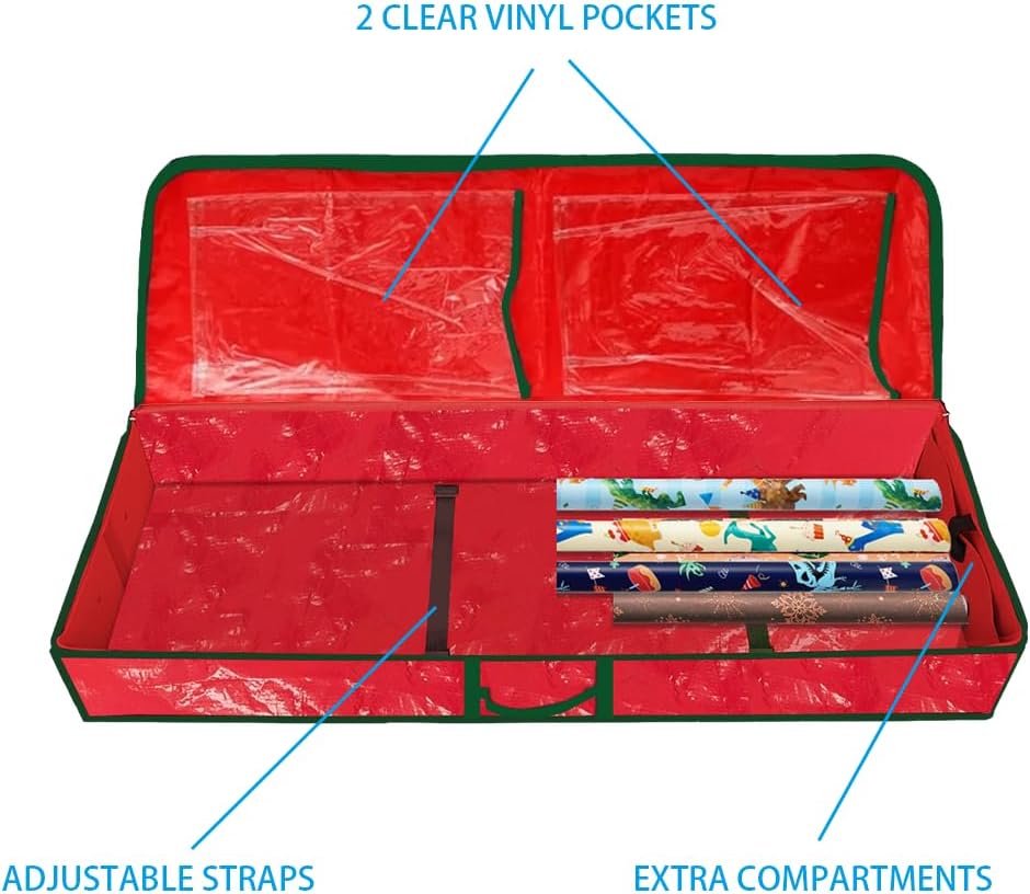 Christmas Gift Wrap Organizer,Large Capacity Storage Bag Decorations Accessories Storage Bag Fits Ribbon, Interior Pockets Holiday Party Decoration storage (Red)