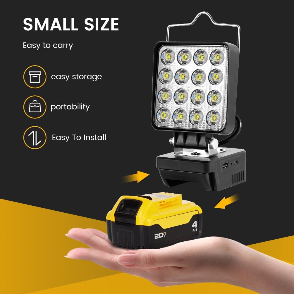 34W Cordless Work Light for Dewalt, Compatible with 18V and 20V Batteries, 140° Rotation, 3400lm Brightness, USB & Type C Charging