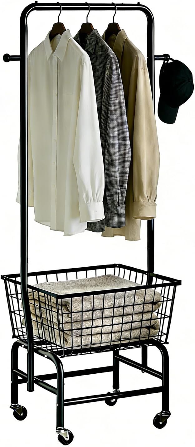 Rolling Laundry Cart with Hanging Rack Metal Laundry Basket with Wheels Laundry Hamper with Storage Basket and Shelf for Laundry Room Organization Black