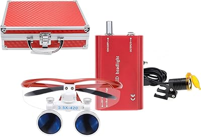 DY-004 3.5X 420mm Working Distance Optical Glass Surgical Binocular Loupes and LED Head Light Lamp with Filter Aluminum Box (Red)