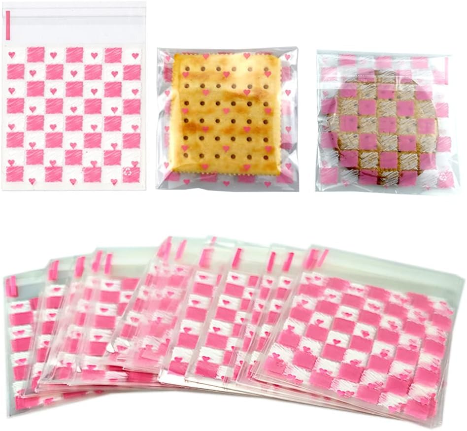 100 PCS Pink Valentine Cellophane Bags Heart Self Sealing Cellophane Clear Treat Bags Goodie Bags for Party Supplies
