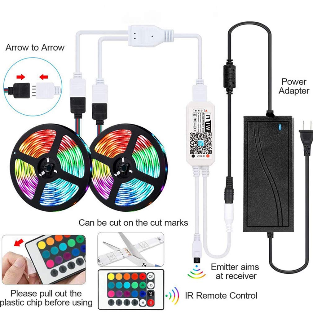 Tira Led RGB 5M, Luces Led Smart 5050 Control App Habitacion con Controlador WiFi/Bluetooth Sincronizar Música 24/44 Teclas Control Remoto RF para El Hogar Dormitorio Habitación,WiFi Music,10M