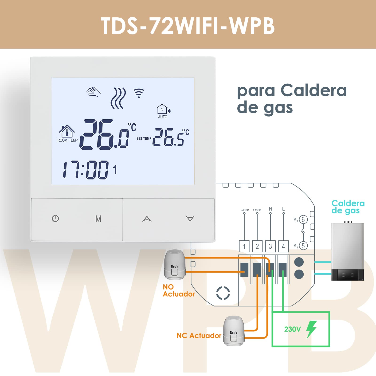Termostato Caldera WiFi Beok Calefaccion de Gas Natural Agua.Programación Digital Inteligente Compatible con Alexa y Asistente de Google.Termostato Inalámbrico Integrado 3A TDS72-WIFI-WPB