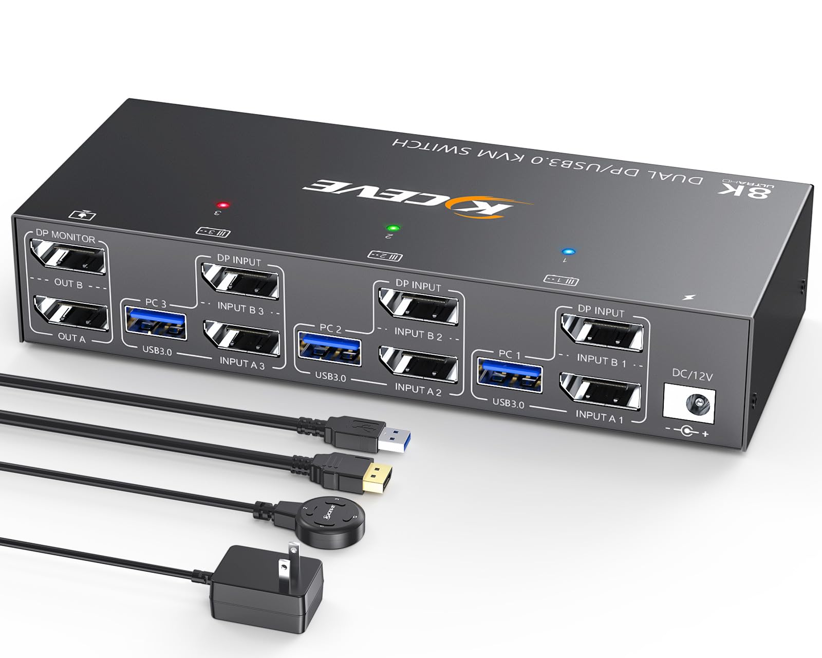 Displayport Dual Monitor KVM Switch 2 Monitors 3 Computers 8K@60Hz 4K@144Hz,MLEEDA 2 Monitors KVM Switch with 4 USB 3.0 Ports for Keyboard Mouse Printer,Wired Remote and 12V Power Adapter Included