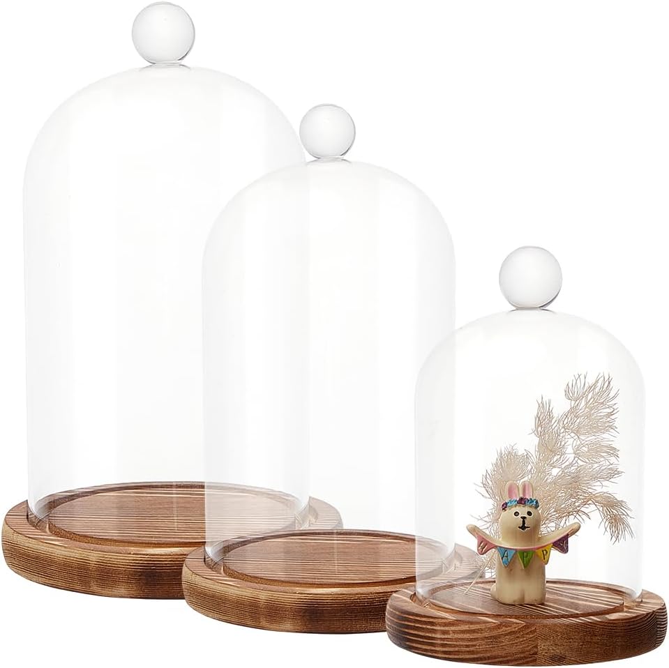 3Pcs Cloche Glass Dome With Wood Base, 3 Sizes 4.7/3.9/3.5" Diameter, Glass Cloche Dome Display with Handle For Cake, Plant, Wedding Party, Bell Jar Transparent