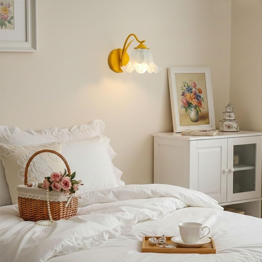 Lily of the Valley Wall Sconce, Floral Petal Wall Lamp with Acrylic Shade, Modern French Flower Light Fixture, Tri Color Dimmable Wall Lighting for Bedside Hallway Nursery Parlor(Pink)