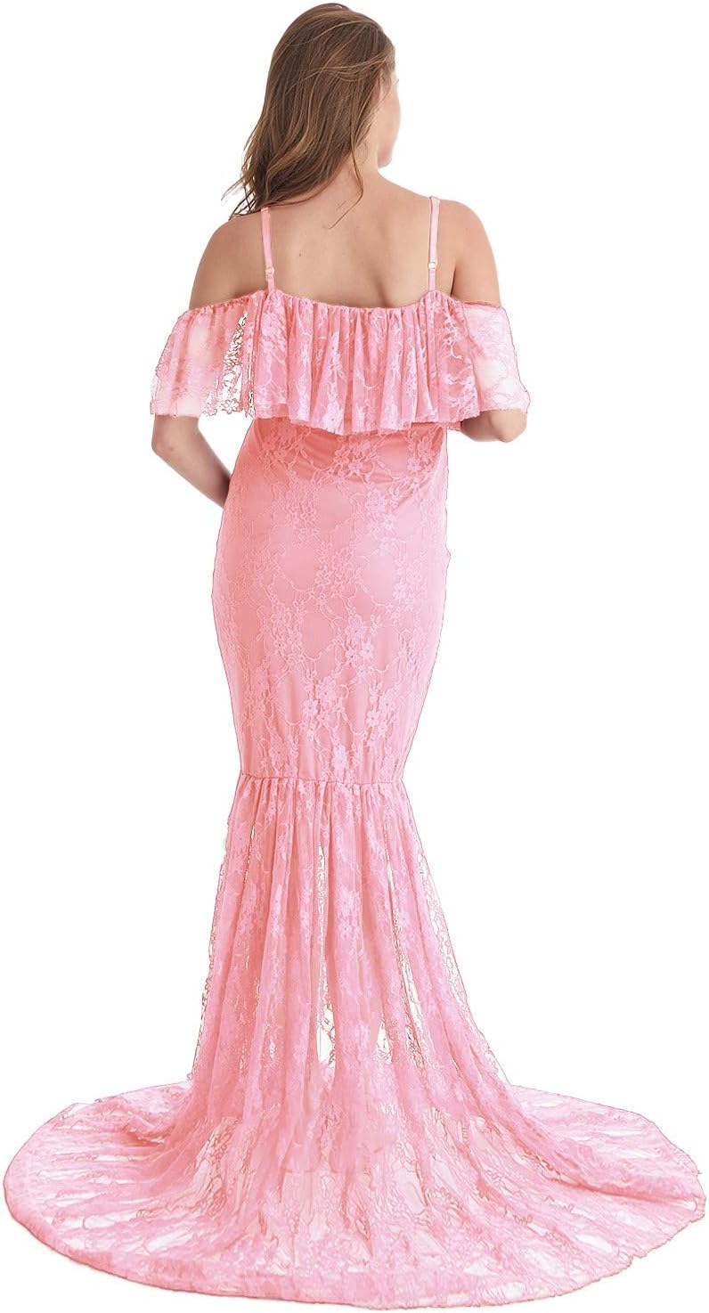 HIHCBF Women Lace Maternity Mermaid Gown Off Shoulder Ruffle Spaghetti Straps Fitted Photo Shoot Wedding Baby Shower Dress