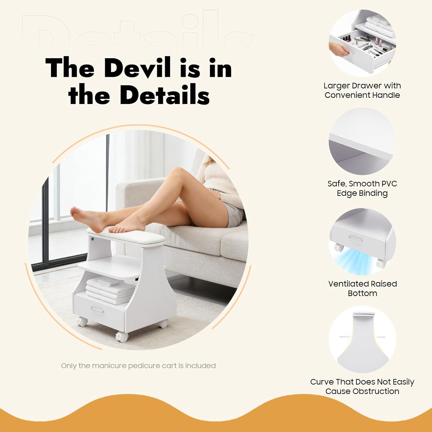 Foot Bath Stool,Portable Manicure Pedicure Cart with casters,Esthetician Salon Nail Foot Trolley Cart with Practical Drawer & Removable Shelf,Foot Rest Pedicure Chair for Beauty,Hair Salons (White)