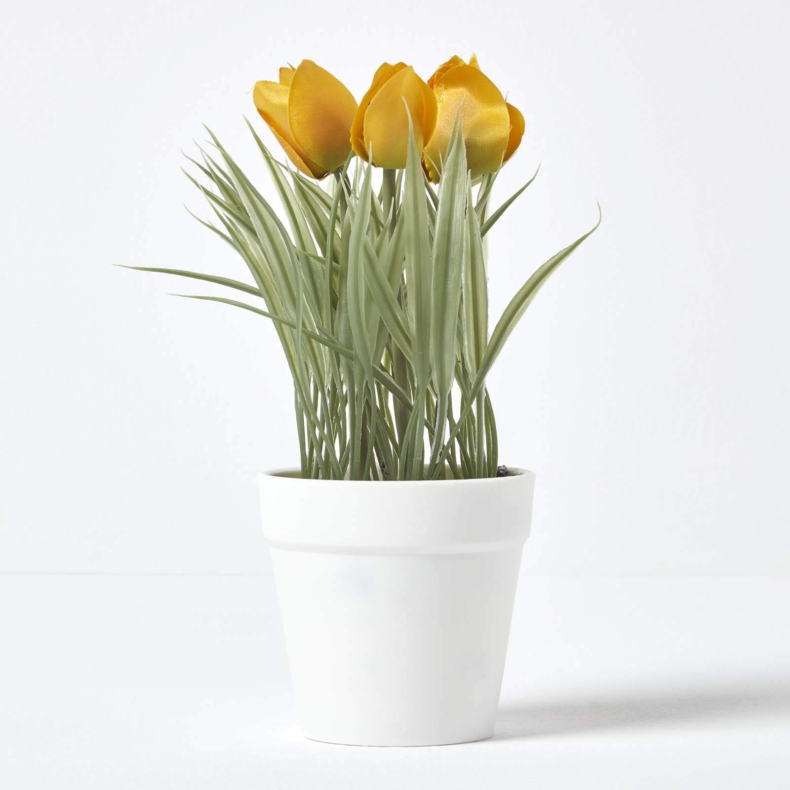 Homescapes Yellow Artificial Tulips in White Decorative Pot, 22 cm Tall - Yellow