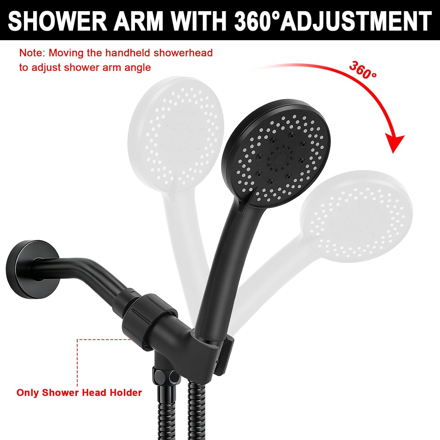 NearMoon Adjustable Shower Arm Mount- with Universal Wall Hook Bracket and Brass Pivot Ball, Shower Head Holder for Hand Held Showerheads (Matte Black) image 5