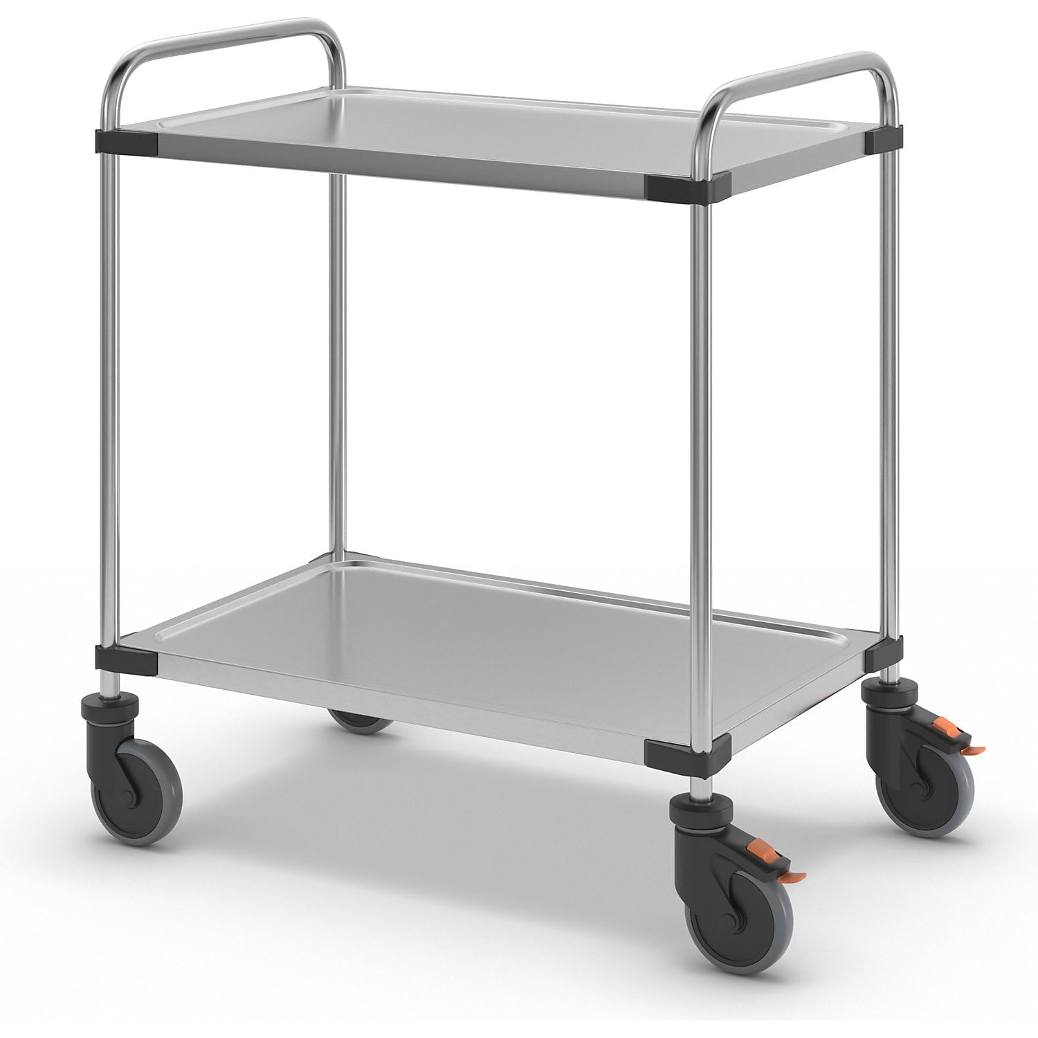 Servierwagen aus Edelstahl, mit 2 Etagen, LxBxH 870 x 570 x 950 mm, montiert.
