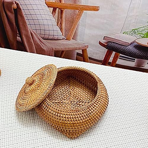 POHOVE Wicker Basket with Lid Rattan Storage Basket Desk Organizer Fruit Vegetable With Lid Round Bowls(5.9x4.7inch)