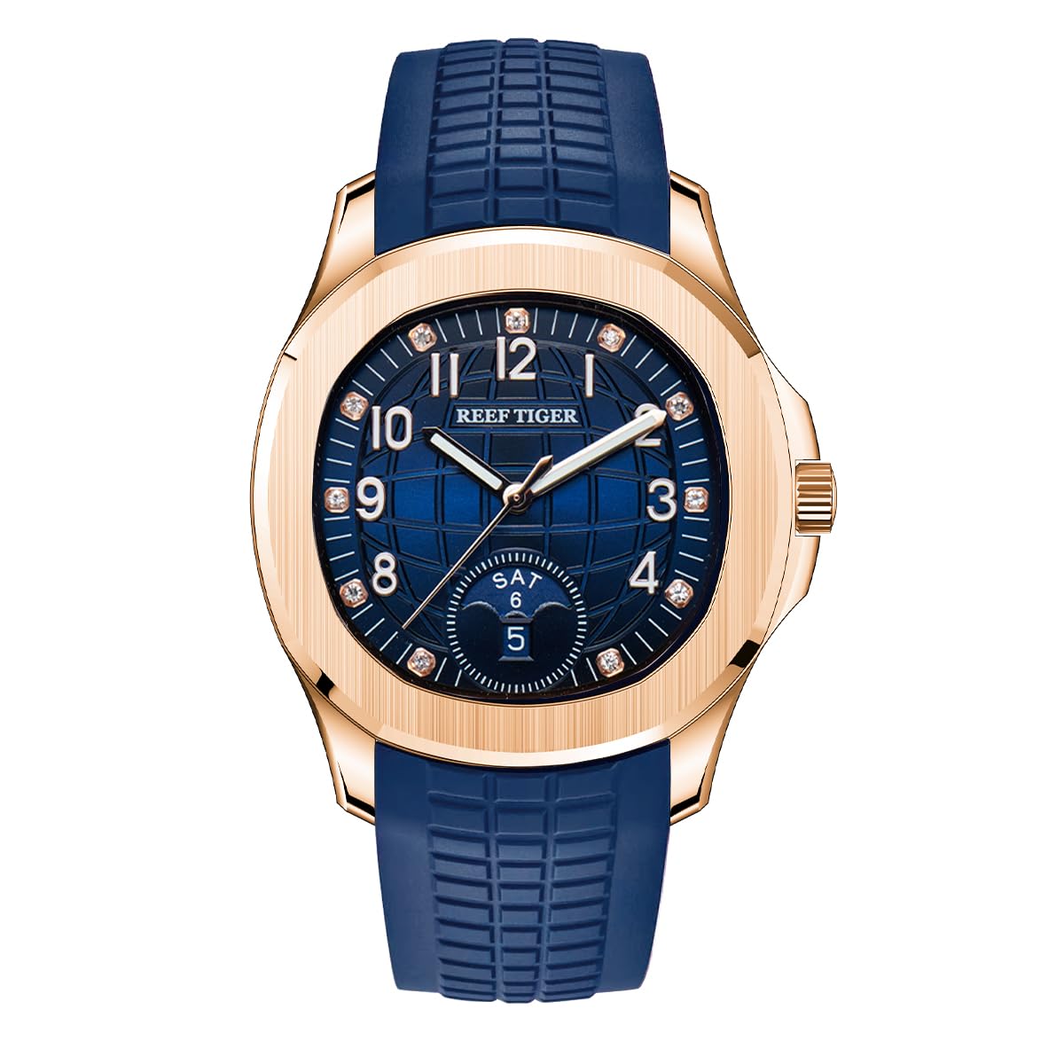 REEF TIGER Fashion Square Blue Dial Automatic Watch for Men Luxury Rose Gold Diamonds Calendar Luminous Rubber Band Sport Watches RGA1805