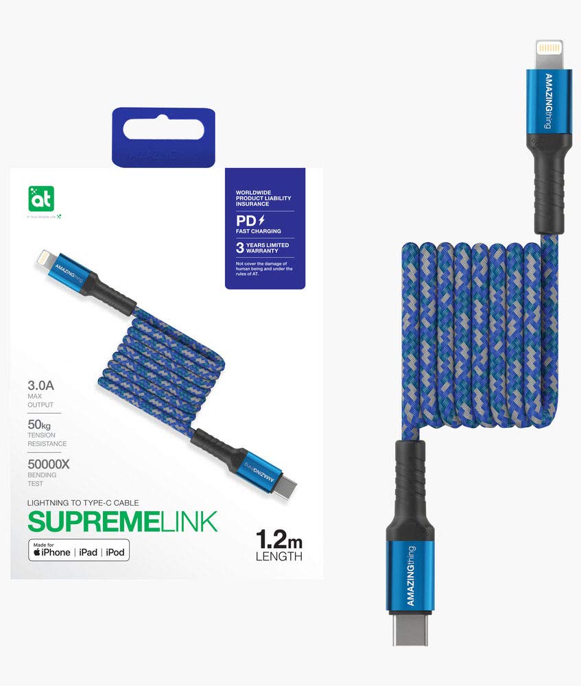 AMAZINGthingAmazing Thing Supreme Link USB-C to Lightning Cable [MFi certified] Fast Charge Type-C 1.2m Strong Dupont Kevlar 50 KG resistance 50000 Bend test 3.0A 20AWG for iPhone, iPad, iPod – Blue