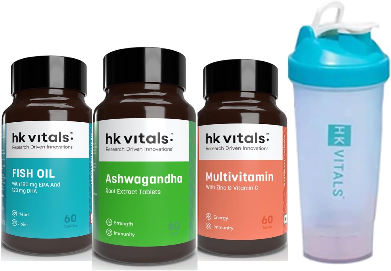 HealthKarthk vitals Multivitamin for Men & Women, 60 Tablets, Omega 3 Fish Oil (1000 mg Omega 3 with 180 mg EPA & 120 mg DHA), 60 Capsules, Ashwagandha 500mg, 60 Capsules & 650 ml Shaker (Combo Pack