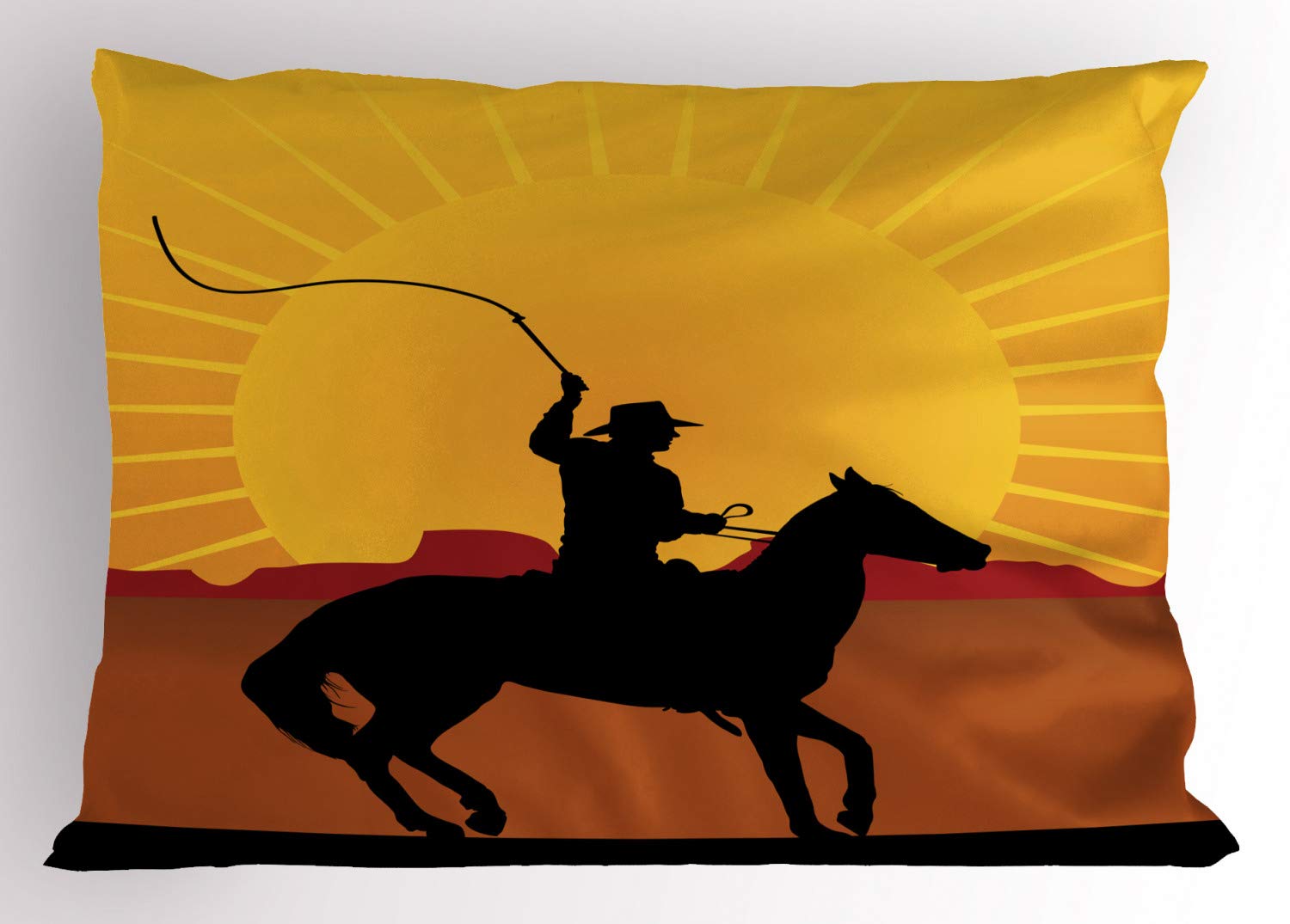 Ambesonne Silhouette Pillow Sham, Cowboy on Horse Sun Backlash Western Pattern, Decorative Standard Queen Size Printed Pillowcase, 30