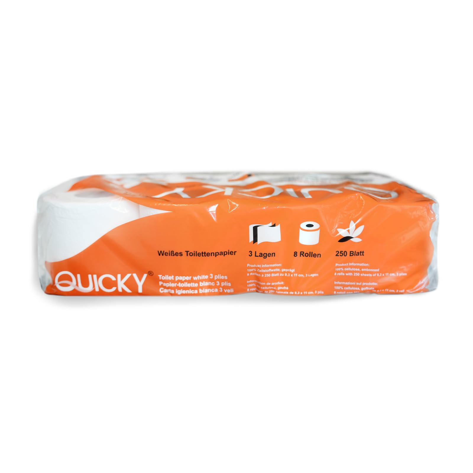 Quicky Papier toaletowy z wytłoczonym motywem, 48 rolek papieru toaletowego, opakowanie na zapasy, bardzo miękki i odporny na rozerwanie, wykonany z wysokiej jakości super białej celulozy, 3-warstwowy, 250 arkuszy (6 x 8 rolek)