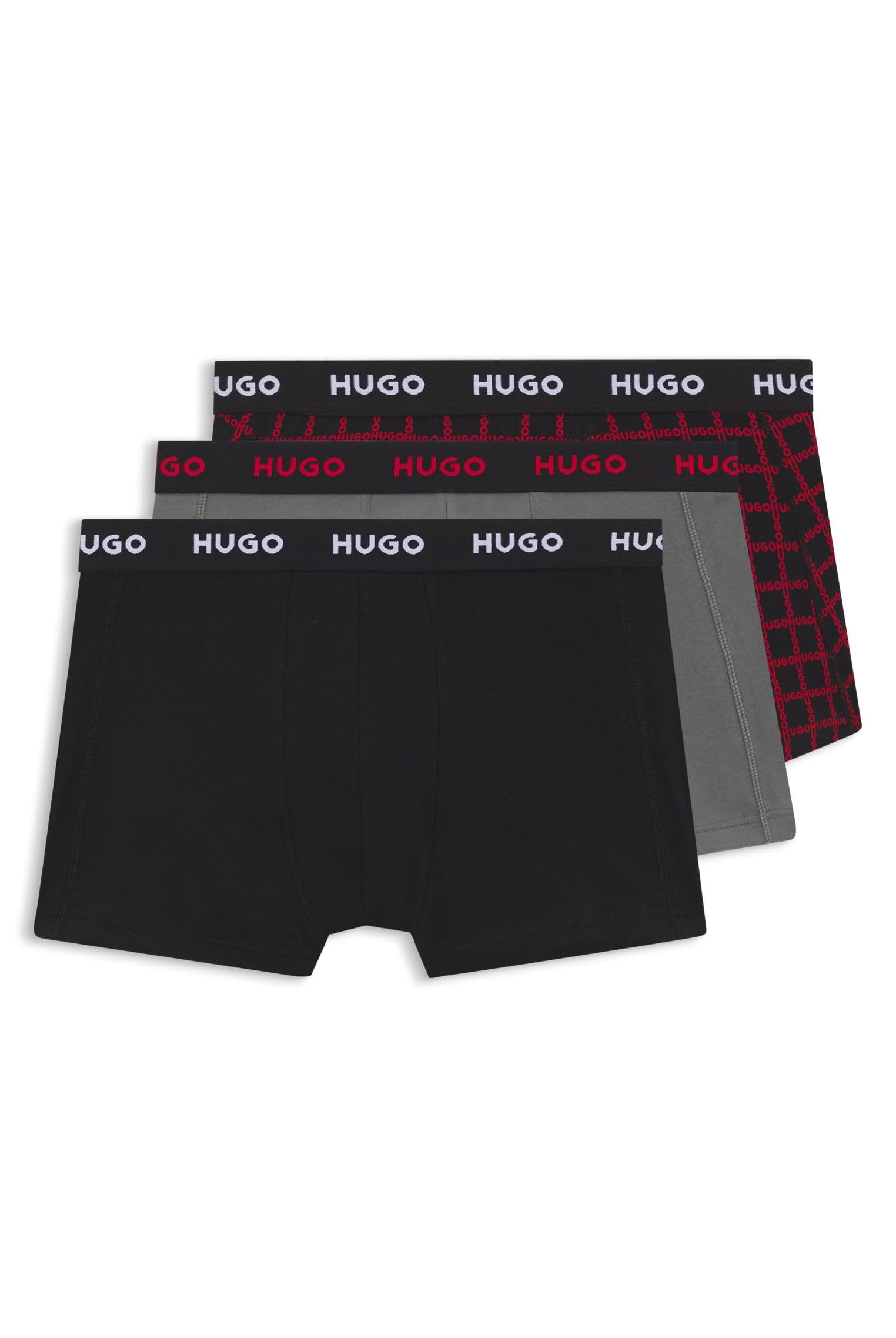 HUGO Herren Trunk Triplet Design Dreier-Pack eng anliegende Boxershorts aus Stretch-Baumwolle mit kurzem Bein und Logo-Bund