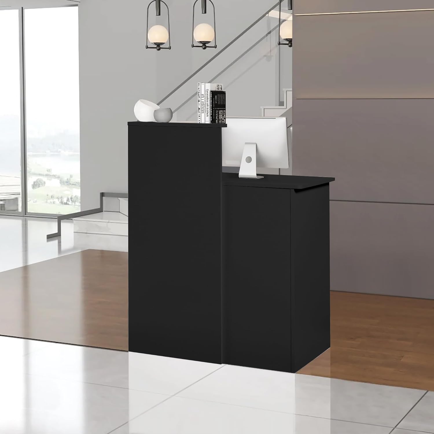 Reception Desk with Counter,Small Front Desk with Two Lockable Drawers,Cable Management Holes,Counter Table for Salon Lobby Office Home (Black)