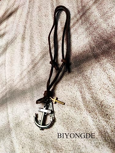 Biyongde Vintage Cross Nautical Marine Anchor Pendant Necklace, Adjustable Brown Leather, Men Women, Ethnic #TOP2