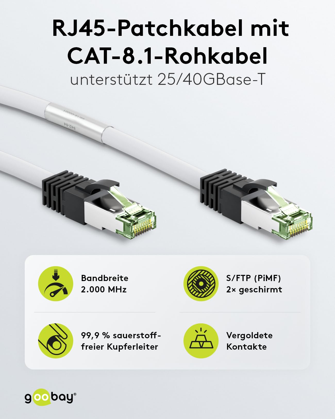 Goobay 55130 RJ45 kabel krosowy z kablem surowym CAT 8.1 S/FTP/Gaming PS5 Playstation 5 2000 MHz/OFC Lan kabel 15 metrów/kabel sieciowy LSZH/biały/kabel LAN 15 m