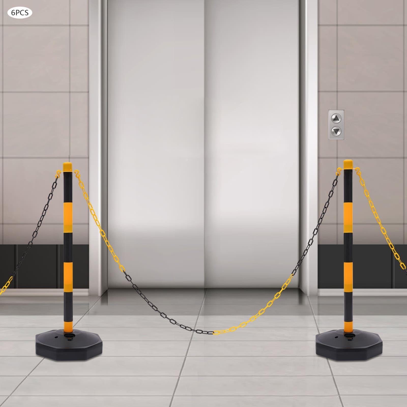 Lote de 6 postes de señalización con base estable y cadenas, postes de seguridad para estacionamiento, zona de trabajo, acceso limitado