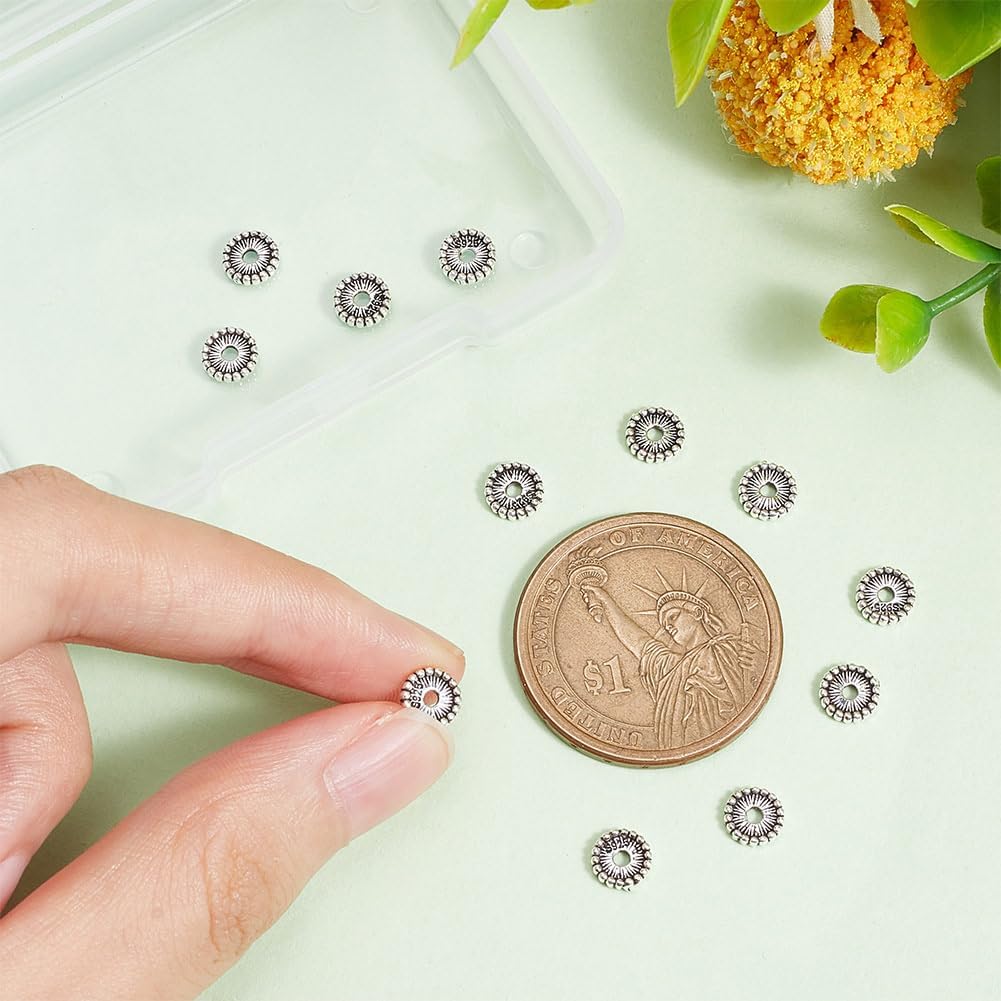 BENECREAT 12Pcs 925 Sterling Silver Tibetan Style Spacer Beads, 6mm Flat Round Spacer Beads Rondelle Sterling Coin Disc Loose Beads for Bracelet Necklace Jewelry Crafts Making
