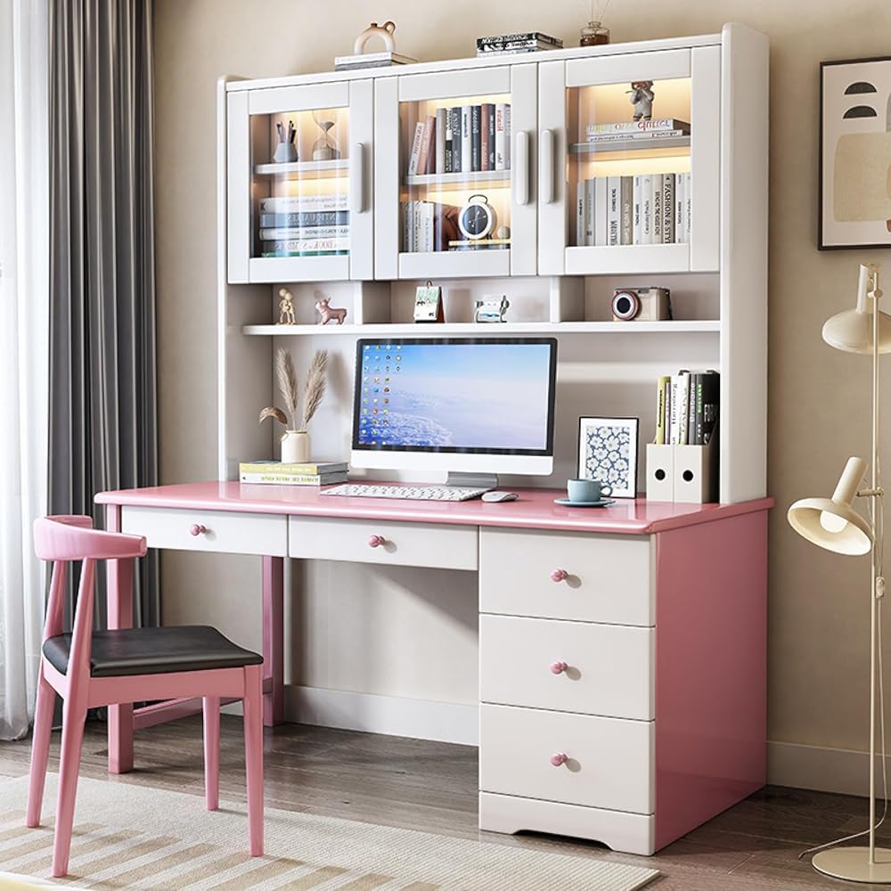 Wdsopk Pink Modern Home Office Desk With Hutch, Study Table Workstation With Drawers & Glass Door, Perfect For Small Spaces, Ideal Study Writing Desk（-100 * 60 * 186Cm）