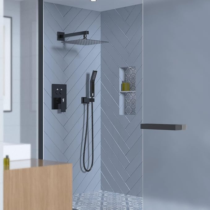Sistema de Ducha SR SUN RISE con Diverter de Botón Presionable, Cabezal de Ducha Lluvia de Lujo de 10 Pulgadas para Montaje en Pared, Juego Combinado de Grifo de Alta Presión con Válvula de Instalación Oculta, Acabado Negro Mate miniatura 2