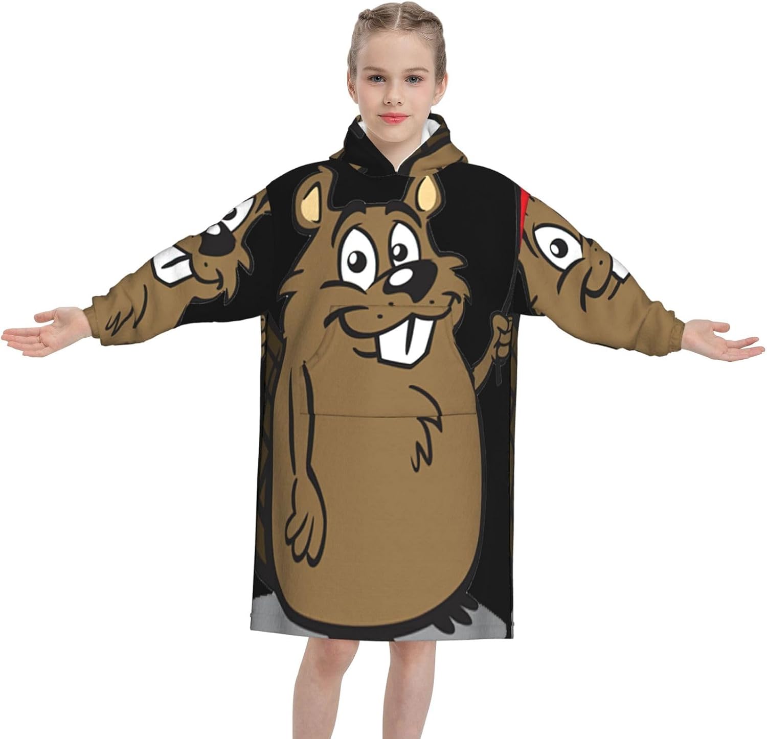 Beaver Print Oversized Blanket Hoodie, Wearable Blanket Hooded,Hooded Pullover With Pocket