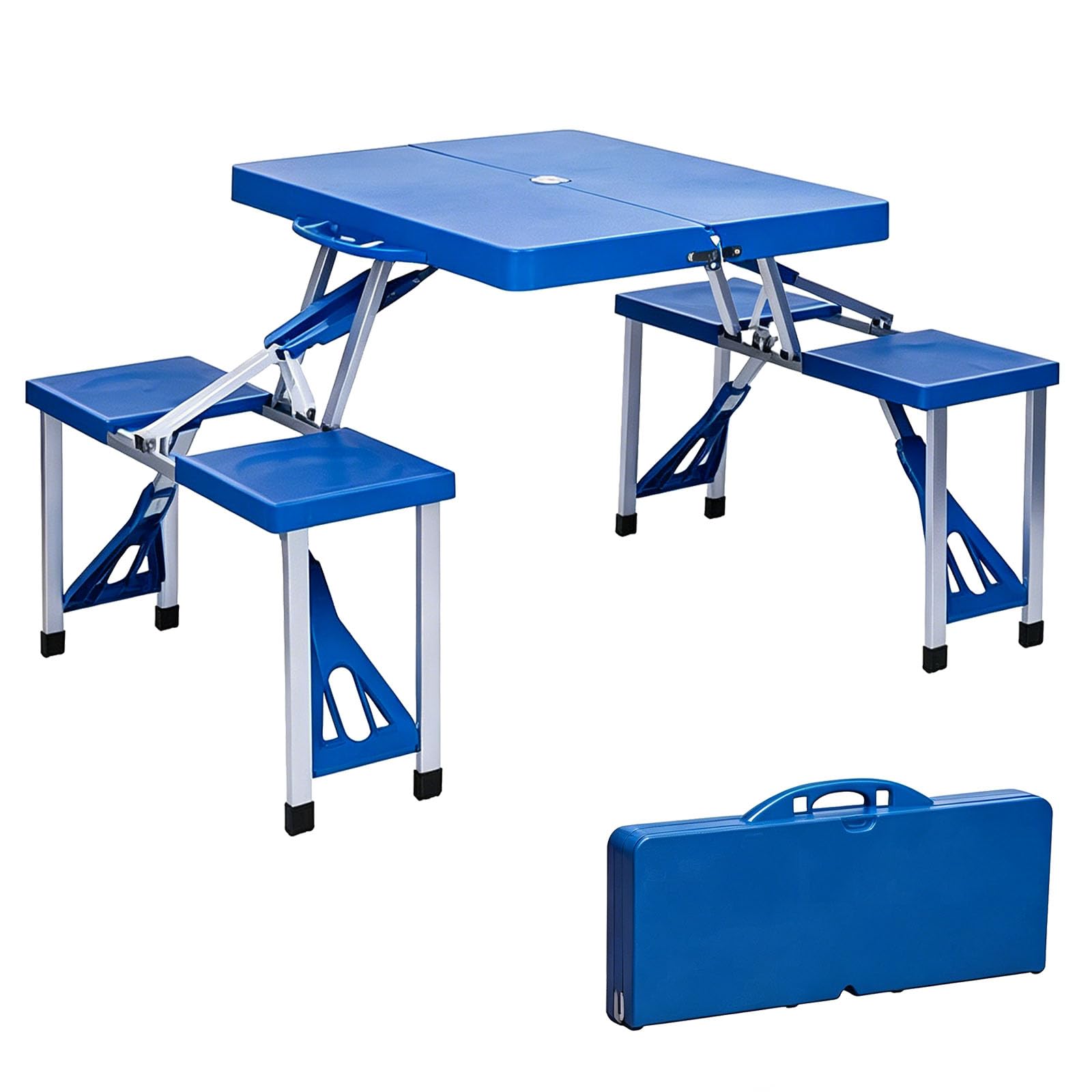 Ensemble Table et Chaises Pliantes Camping, Set de Table de Pique-Nique avec Chaises Intégrées, Pliable en Valise, avec Trou pour Parasol, pour Extérieur Jardin Plage,Bleu