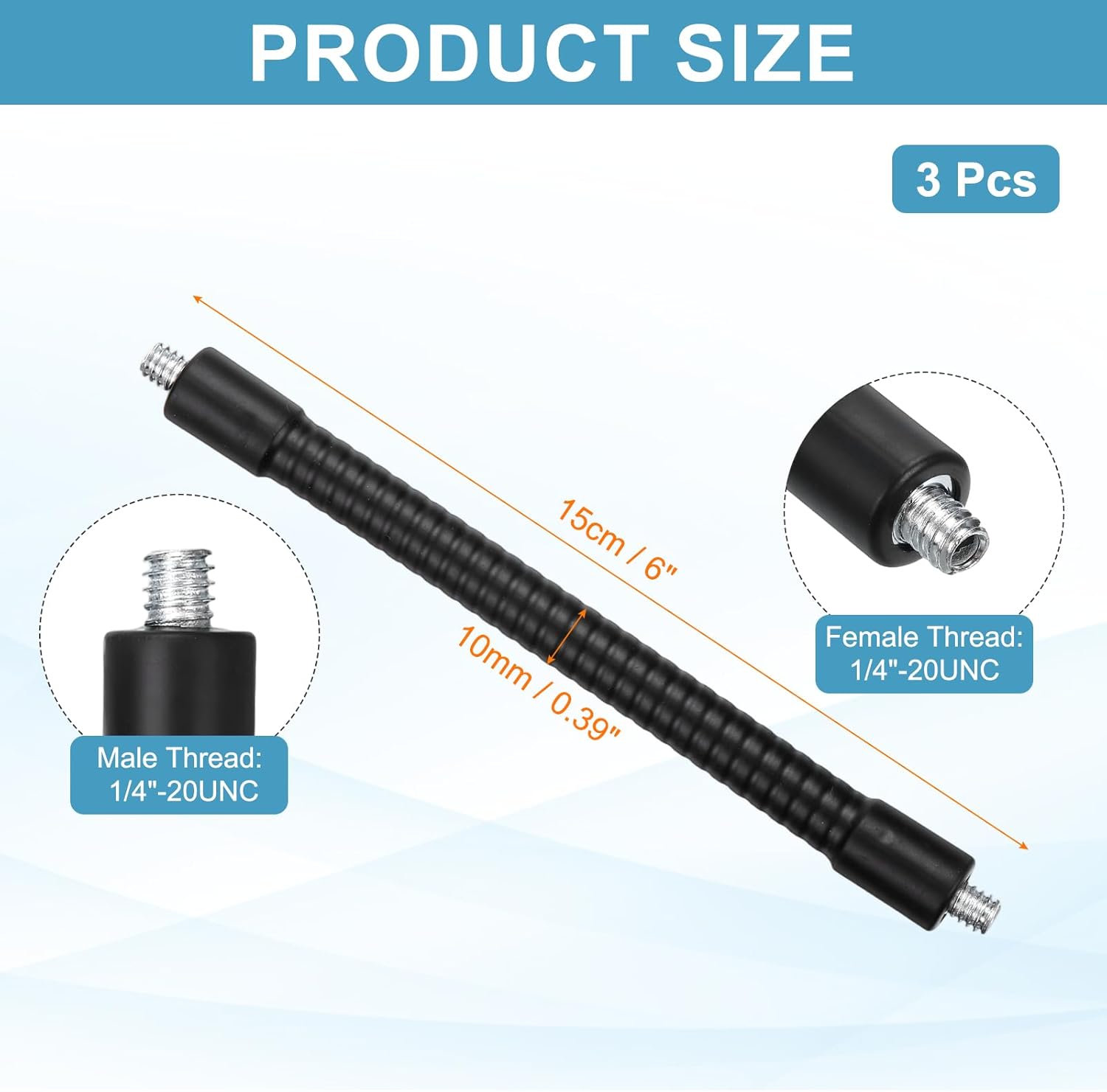 PATIKIL 6" Gooseneck, 3Pcs 1/4"-20 Male to Male Thread Metal Universal Hose Flexible Arm Gooseneck Tube Extension Holder for Action Camera, Phone, Microphone, Black
