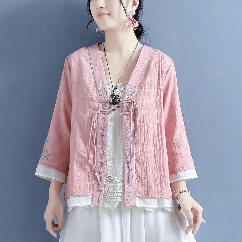 Women's Cotton Linen Floral Vine Embroidered Double Frog Button 3/4 Sleeve Top Chinese Style Retro Literary Blouse
