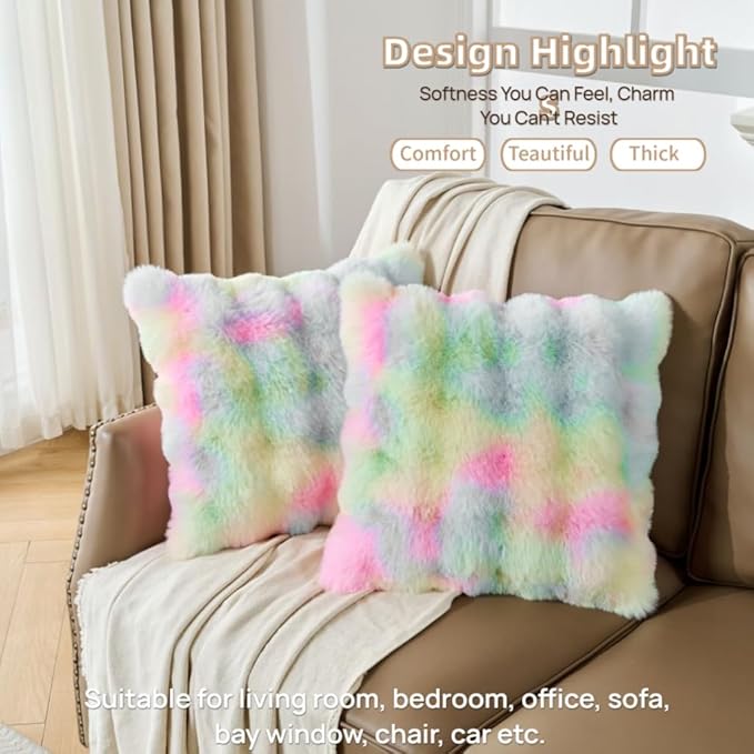Pack of 2 Throw Pillow Covers Dense Faux Rabbit Fur Cozy Super Soft Fuzzy Set Case Decorative Throw Pillows Cushion for Couch Sofa Bedroom-Rainbow 12x20 Inch