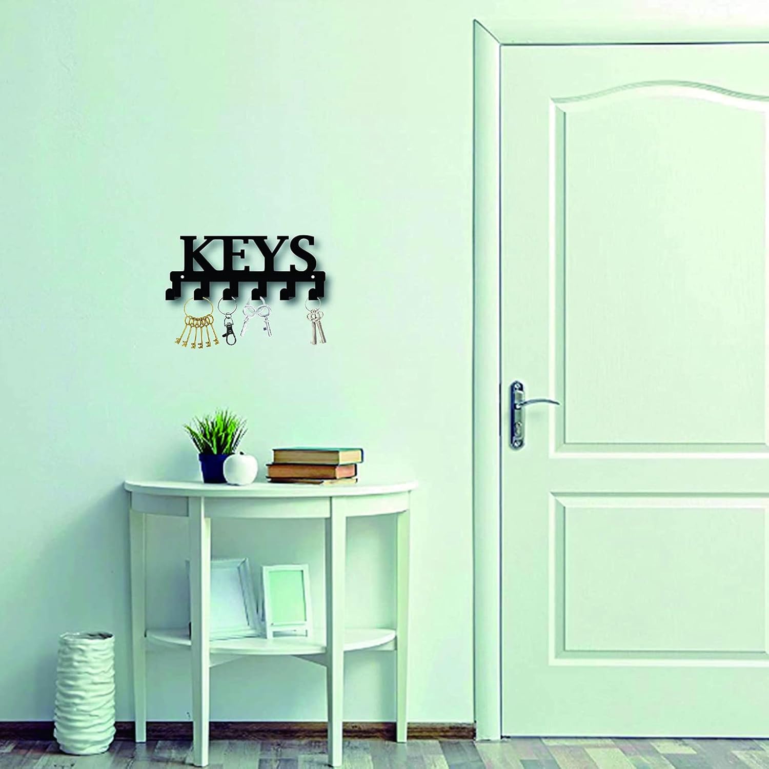 CREATCABIN Metal Key Holder Black Key Hooks Wall Mount Hanger Decor Iron Hanging Organizer Decorative with 6 Hooks Keys Letter Pattern for Front Door Entryway Cabinet Towel 10.6 x 4.3 x 1.5 inches