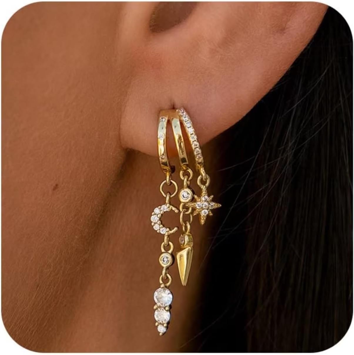 Gold Dangle Earrings for Women Fashion Cubic Zirconia Moon Star Cross Dangle Drop Earrings Dainty 14k Gold Plated Triple Huggie Tassel Stud Earring Festival Party Prom Statement Jewelry for Women - Image 5