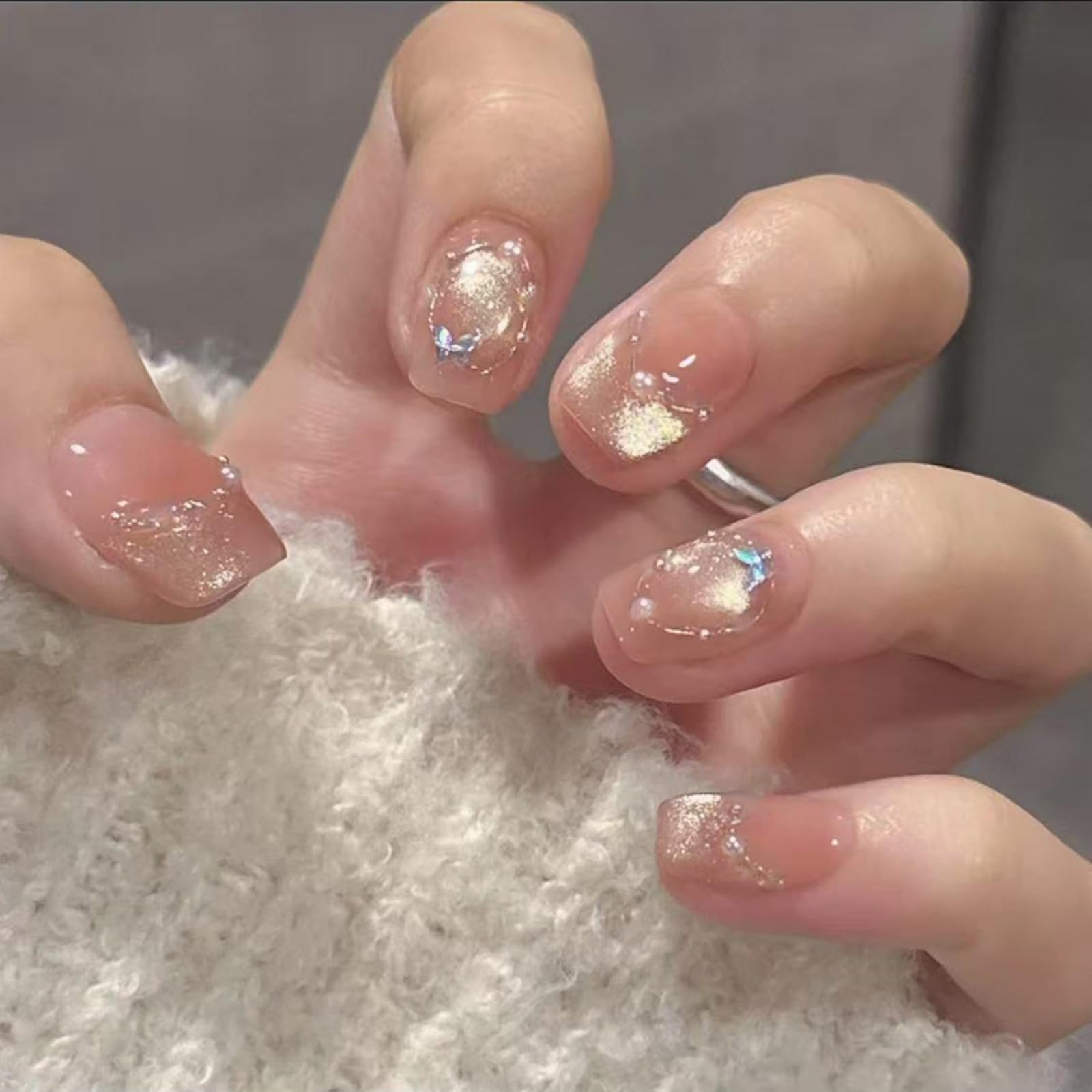 Press on Nails Short Square French Cat Eye Fake Nails with Exquiste 3D Butterfly Pearl Design Full Cover False Acrylic Glue Stick on Nail for Women 30Pcs