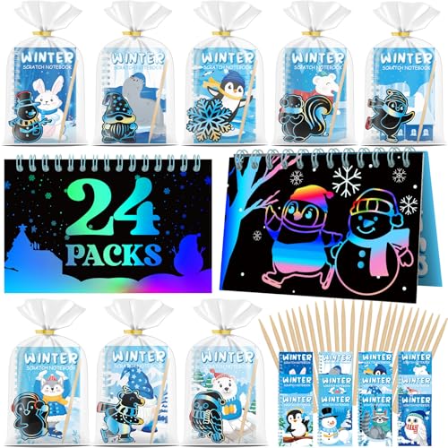 Skrajoi 24 Pack Winter Scratch Art Party Favors for Kids