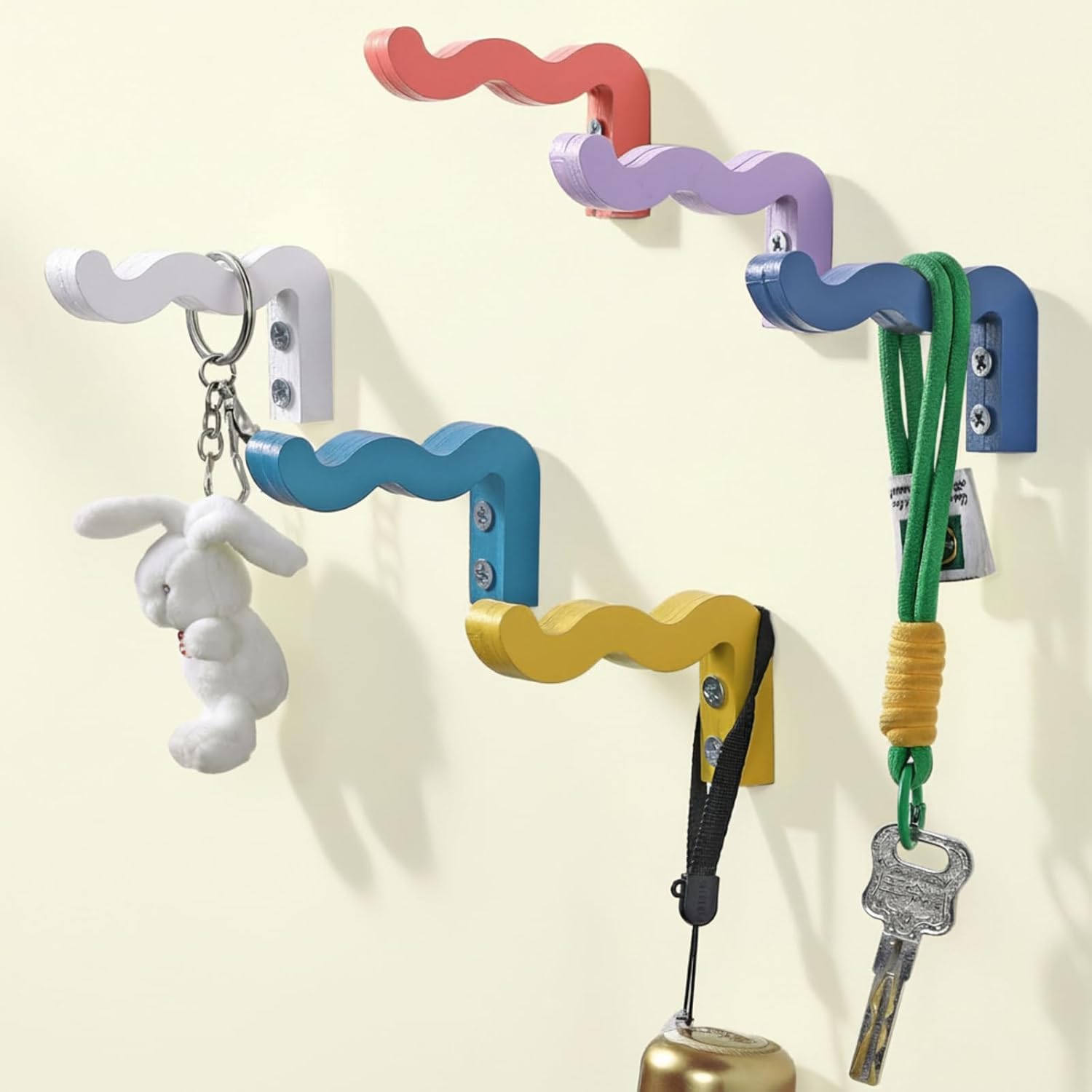 6 Pack Cute Wall Hooks Colorful Wavy Shaped Decorative Wall Hooks for Hanging Key, Coat, Hat, Necklace Morandi Nursery Hangers for Playroom Bedroom Bathroom Classroom Entryway Organization