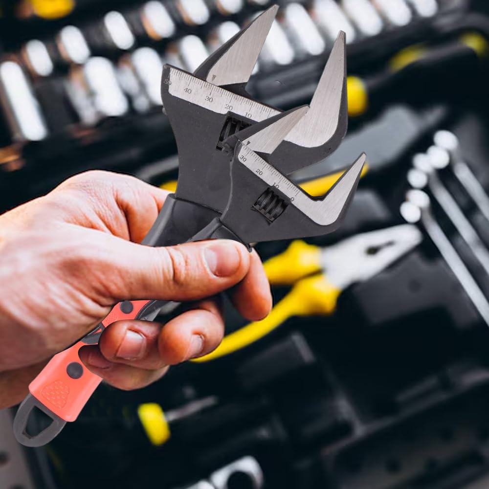 Zestaw 2 kluczy nastawnych (6 cali + 10 cali) Zestaw kluczy nastawnych o ergonomicznej konstrukcji, szerokoszczękowy, ze stali wysokowęglowej, do mechaniki samochodowej, prac hydraulicznych i remon
