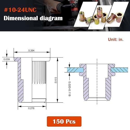 Miniatura 3 de Ktehloy - Tuerca de remache, 150 piezas de tuerca roscada de acero al carbono 10-24UNC de cabeza plana, insertos de tuerca de acero al carbono