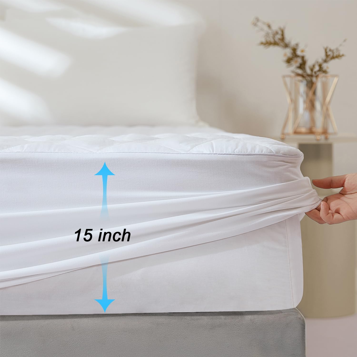 EIUE Quilted Mattress Pad - Lightweight Yet Substantial, Elastic Fitted Mattress Topper Protector, Breathable Mattress Protector with Secure Fit,Machine Washable,Queen(60x80inches),White - Image 4