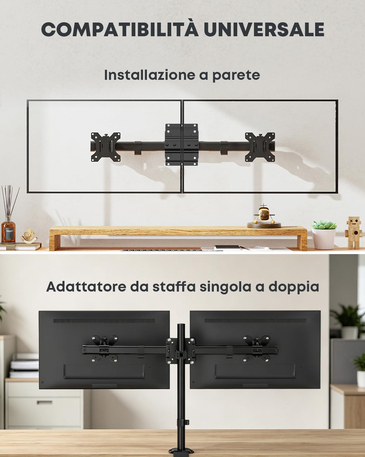 Supporto a muro doppio per schermi 13-27 pollici, singolo a doppio | Spazio a muro ultrasottile, montaggio orizzontale, allineamento preciso, gestione cavi, 10 kg per braccio, VESA 75/100, Nero
