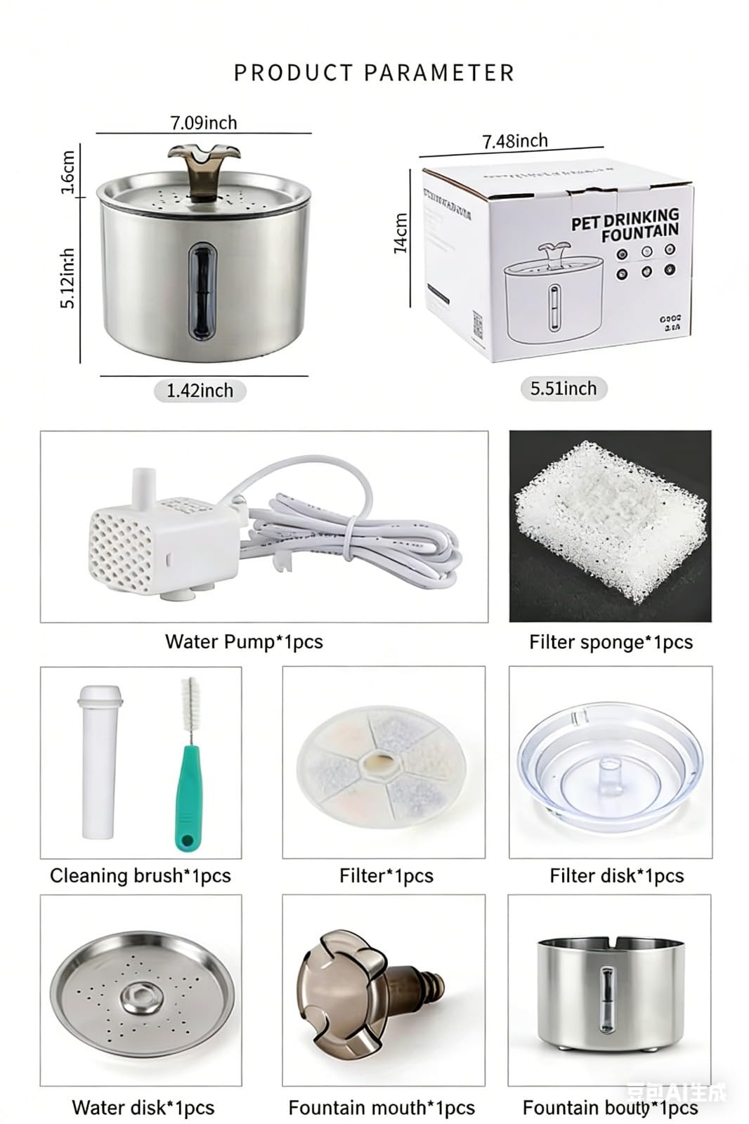 Automatic Stainless Steel Cat Water Fountain 84oz 2.5L with LED Water Level Indicator and Auto Power-Off - image 6