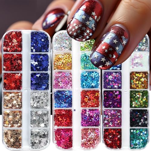 Image of 3 Box Star Nail Glitters Sequins Iirdescent Hographic Colorful 3D Flakes Gradirnt Nail Glitter Design Independence Day Shiny Glitter Powder Manicure for Women Nail Art DIY Decorations Charms
