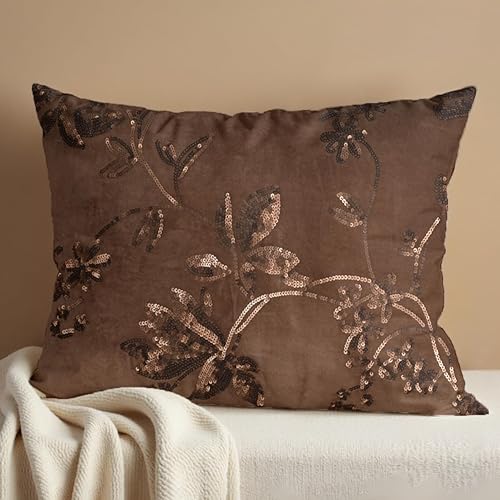 Decozen Funda de almohada  Decoración del hogar con lentejuelas bordadas a mano floral para sala de estar, dormitorio, fundas de almohada con
