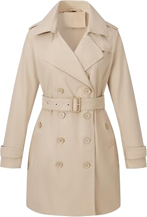 Bellivera Womens Double-Breasted Classic Crop Trench Coat With Belted