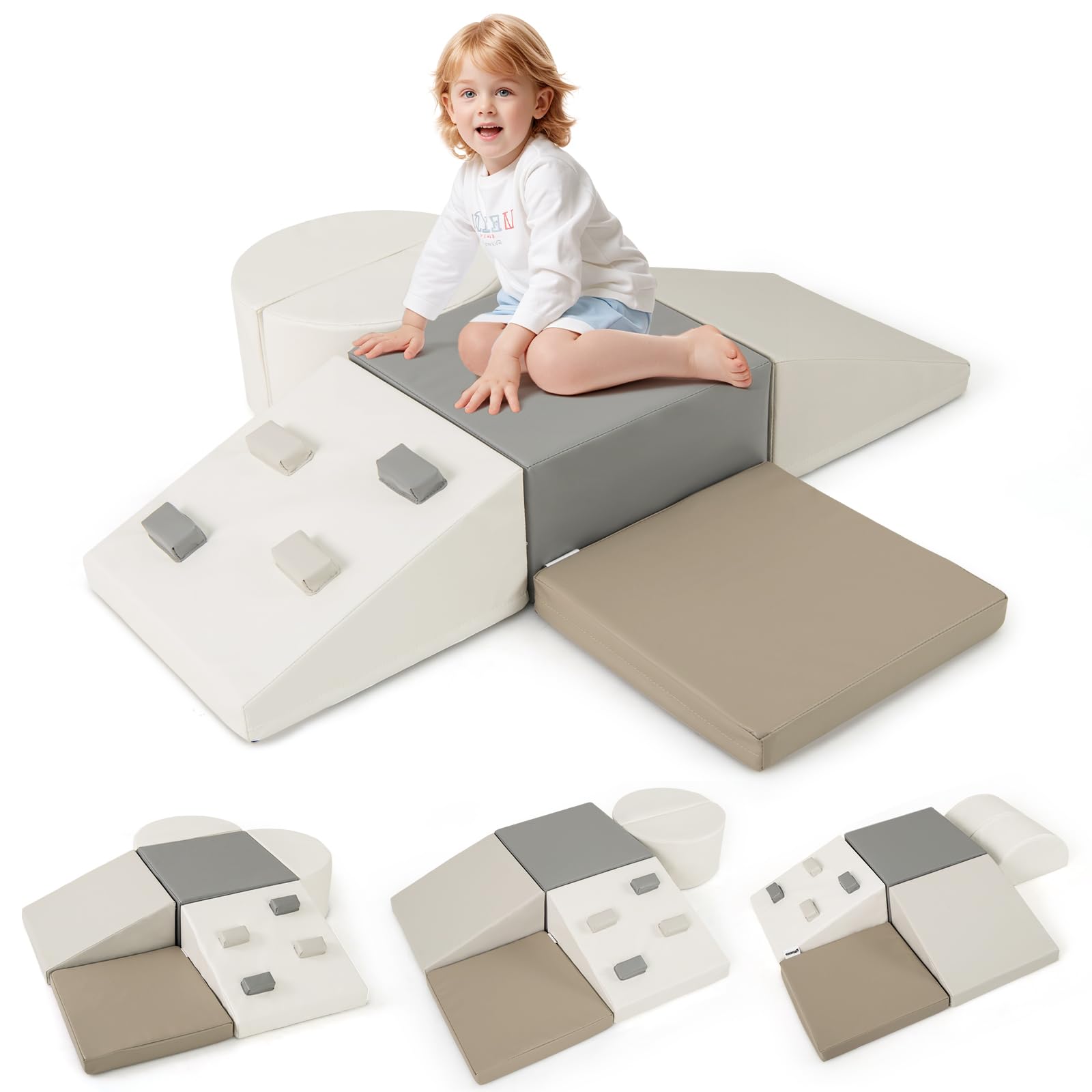 COSTWAY 6 TLG. Schamstoff Bausteine Kinder, Softbausteine mit Kletterfelsen zum Klettern & Krabbeln, Riesenbausteine aus Schaumstoff, Großbausteine Kletterblöcke für Innenbereich (Weiß)