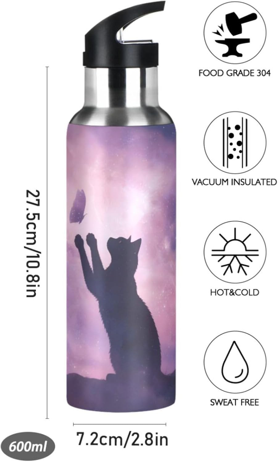 Cat Water Bottle for Kids Cat Stainless Steel Water Bottle with Straw Lid Cats Theme Purple Galaxy Flask Leakproof for Sport Gym Outdoor 20 oz