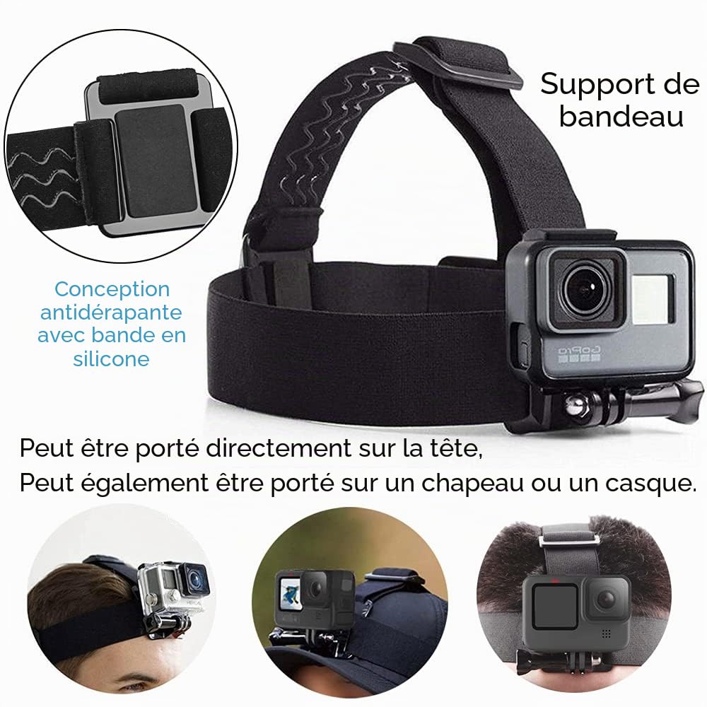 Kit d'Accessoires 5 en 1 pour Camera Action, Harnais Poitrine Fixation Bandeau, Perche à Selfie Compatible avec GoPro Hero 13 12 11/DJI Osmo Action 4 5 Pro/Pocket 3/AKASO EK7000/Apexcam